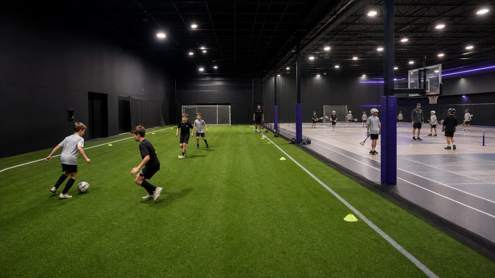 Original concept image of athletes training on indoor turf beside a multi-sport court